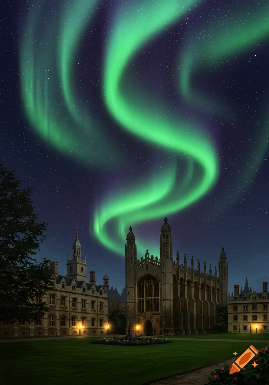 A stately Cambridge University college at night, illuminated by vibrant green Northern Lights swirling in the dark, starry sky.