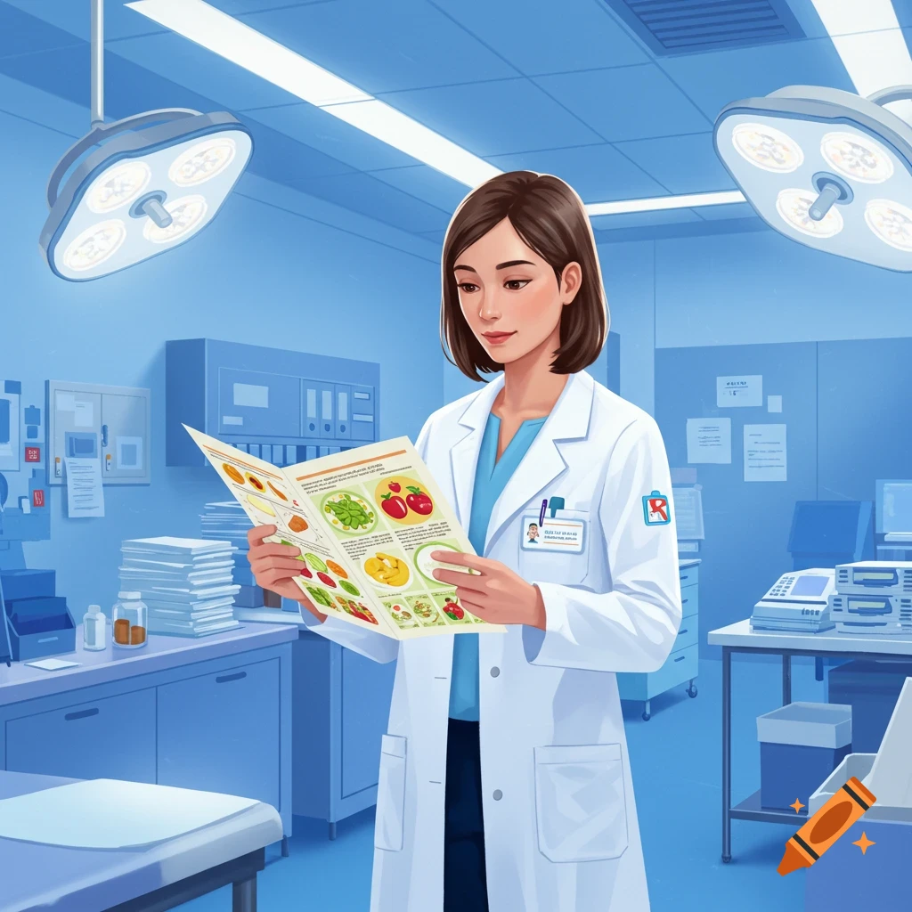 A female nutritionist in a white lab coat reads a brochure about healthy eating in a sterile hospital room, under bright surgical lights.