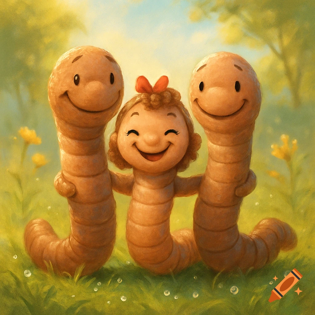 Three cute cartoon worms, one with a red ribbon, smiling and embracing in a grassy outdoor illustration.