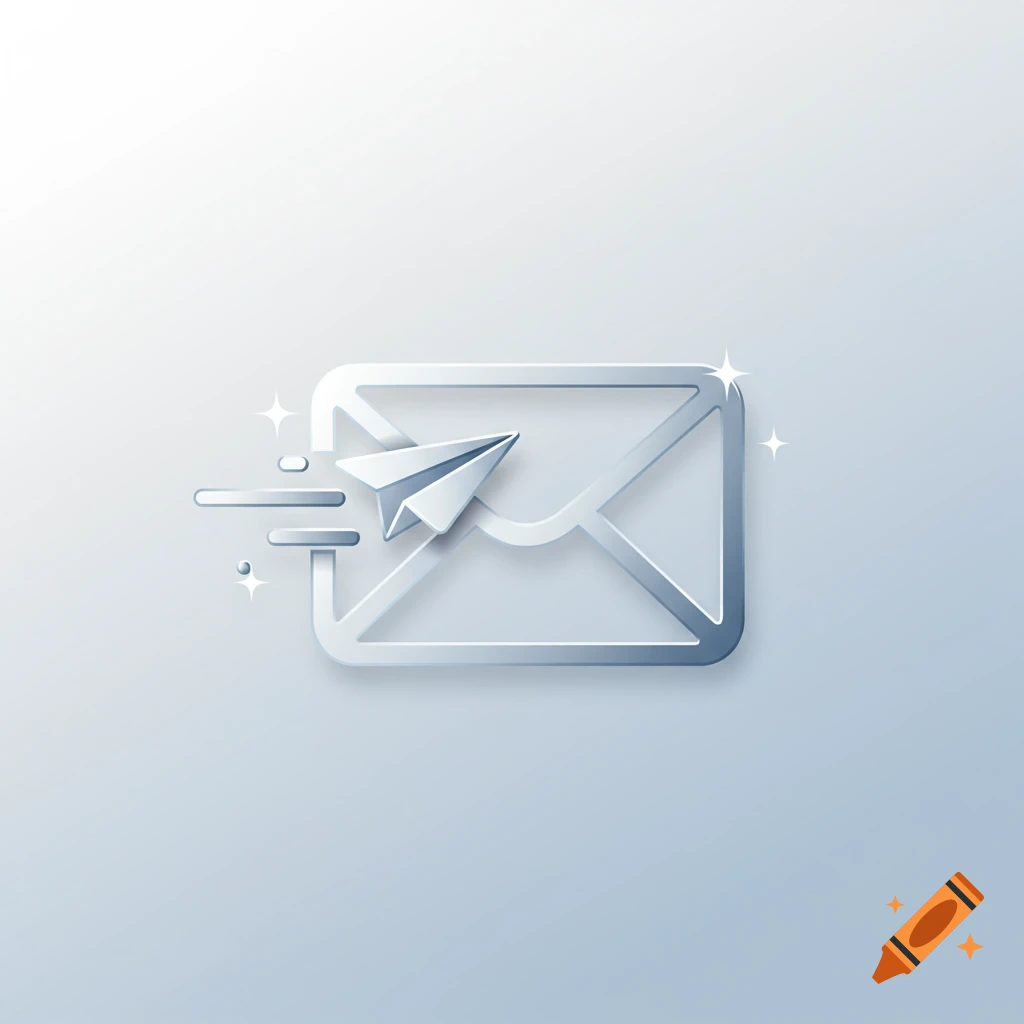 A minimalist silver icon of an email envelope with a paper airplane flying out, surrounded by speed lines and sparkles.