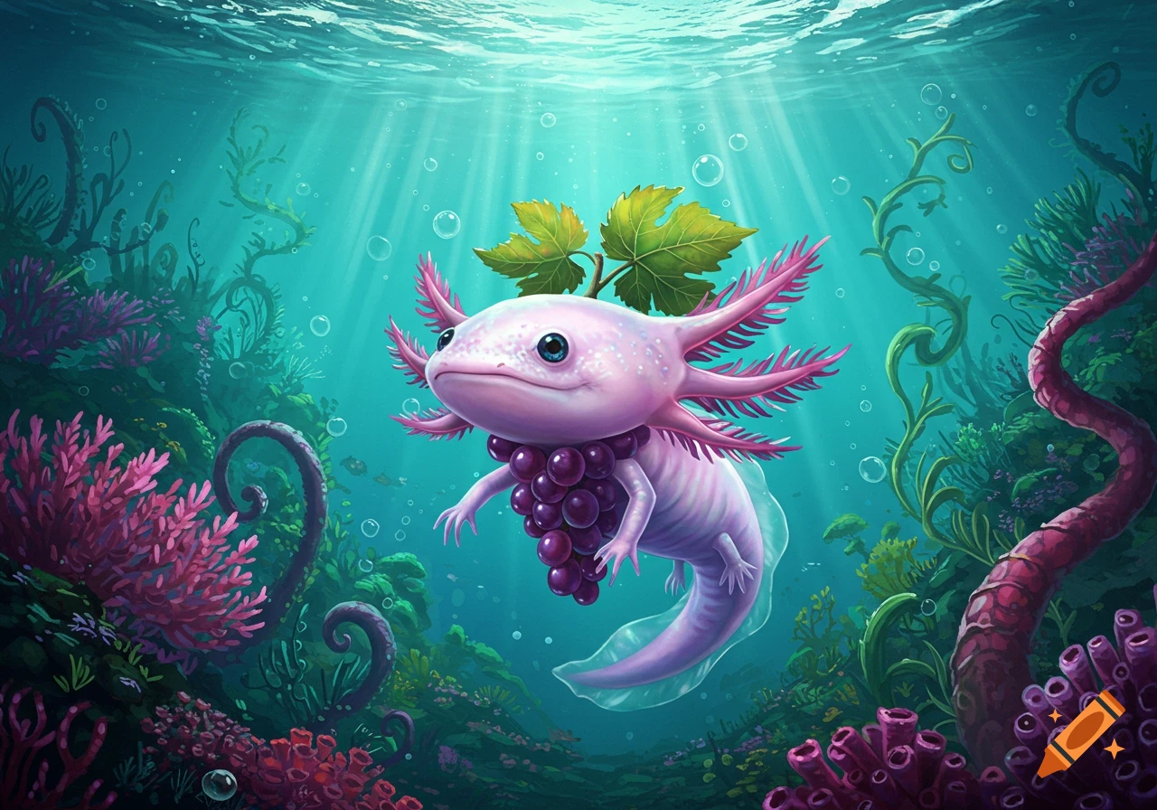 A pink axolotl with green grape leaves on its head and a cluster of purple grapes around its neck swims in a vibrant underwater scene.