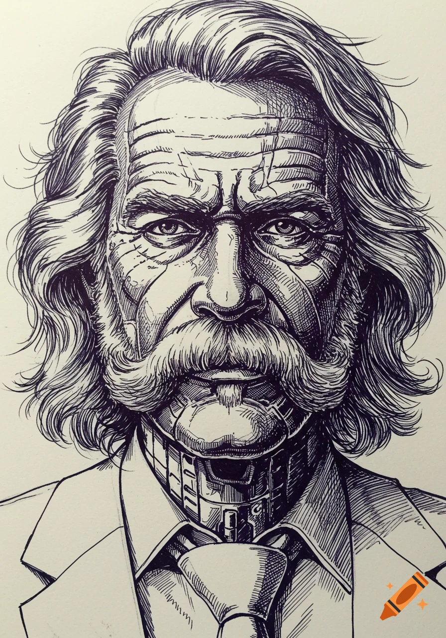 Detailed ink pen drawing of an old man with long gray hair and a mustache, wearing a jacket and tie, with a robotic neck and lower face.