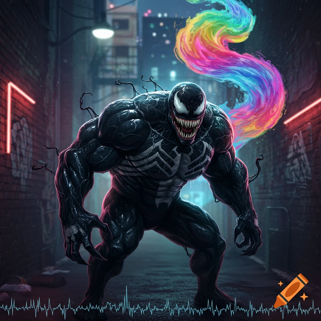 Venom, a muscular black symbiote with fangs and white spider emblem, stands in a dark urban alley, emitting a rainbow stream.
