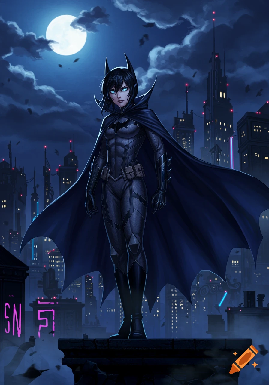 Anime girl dressed as Batman stands on a rooftop at night under a full moon, with a city skyline in the background.