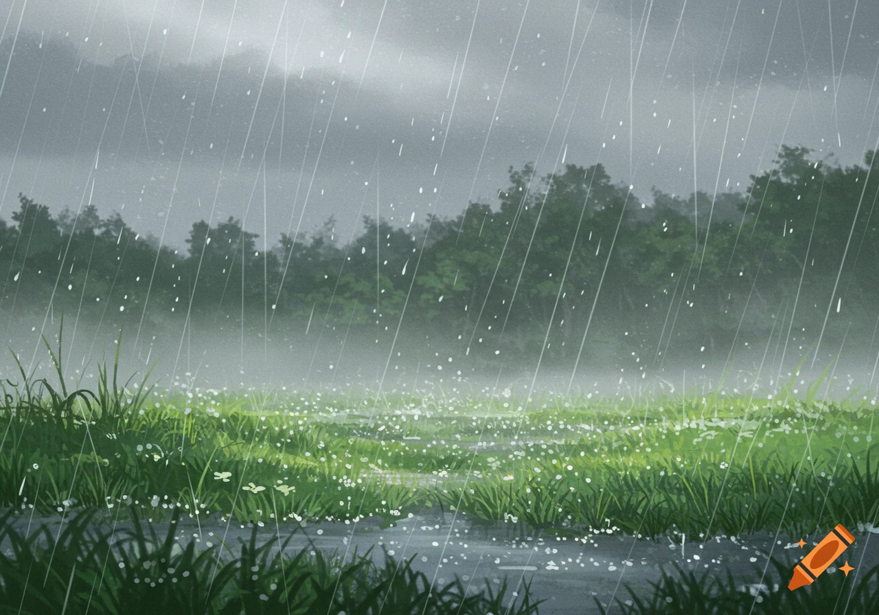 A vibrant green field filled with small white flowers under heavy rain, with a misty forest and dark sky in the background.