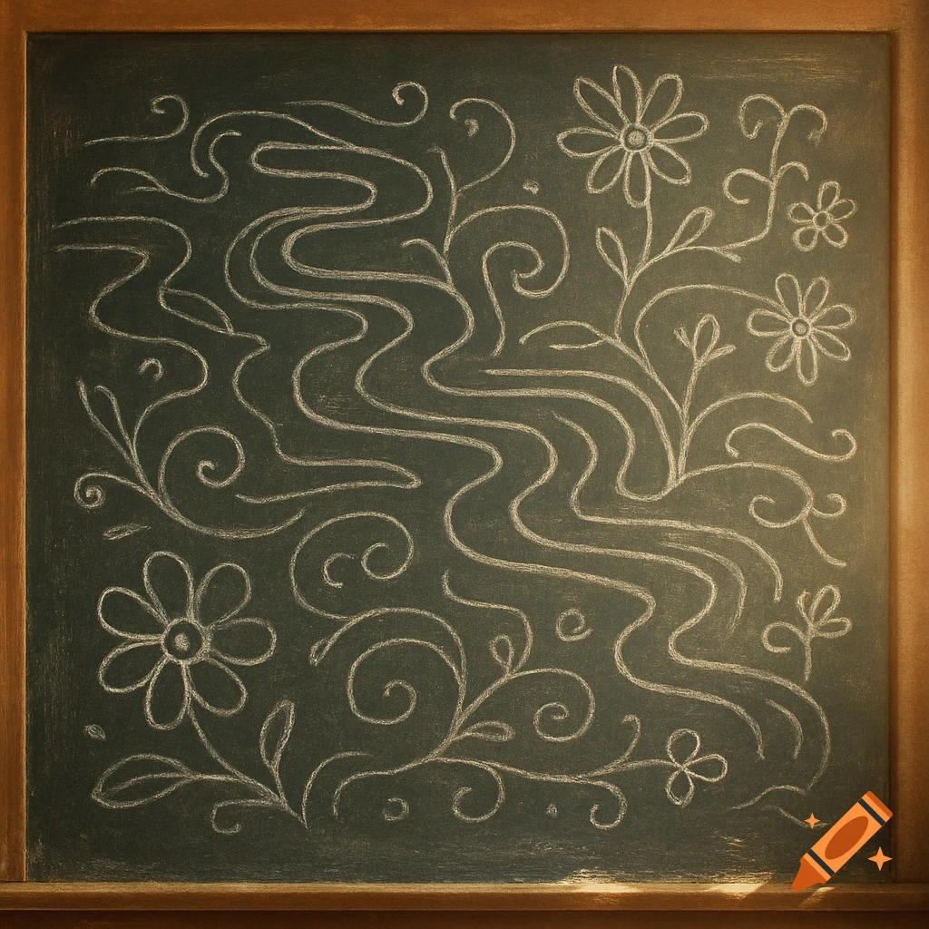 A wooden-framed chalkboard featuring intricate white chalk drawings of wavy lines, flowers, and swirls.