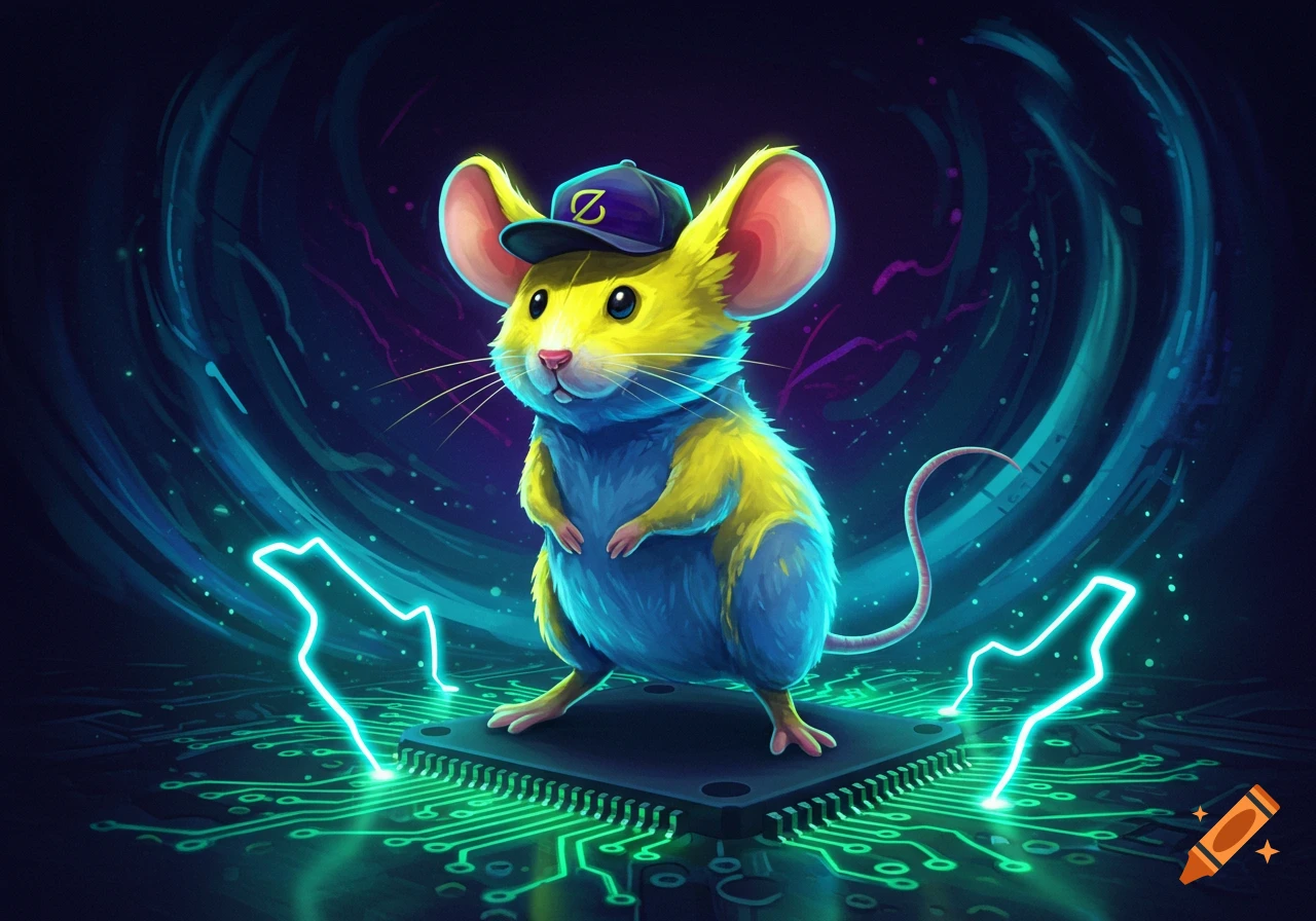 A vibrant cartoon electric mouse in a 'Z' cap stands on a glowing circuit board with lightning.