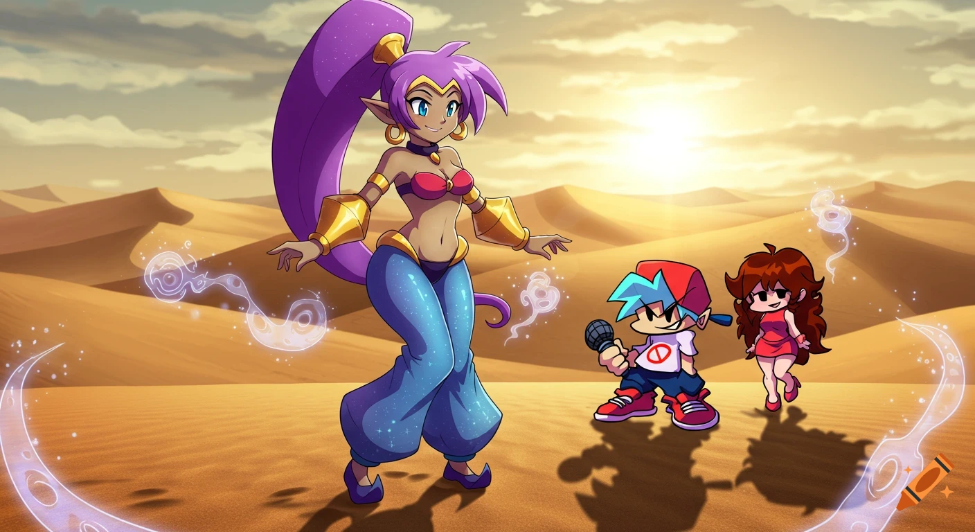 Shantae, Boyfriend, and Girlfriend in anime style stand in a desert at sunset. Shantae is in her genie outfit, Boyfriend holds a microphone.