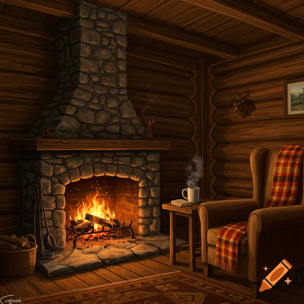 Cozy log cabin interior with a stone fireplace, roaring fire, armchair, and mug on a side table.
