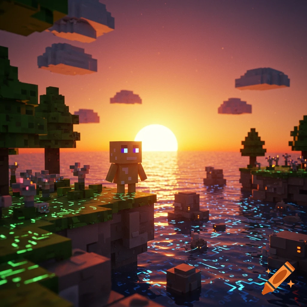 A blocky character with glowing eyes stands on a floating pixel art island, overlooking a glowing ocean and sunset.