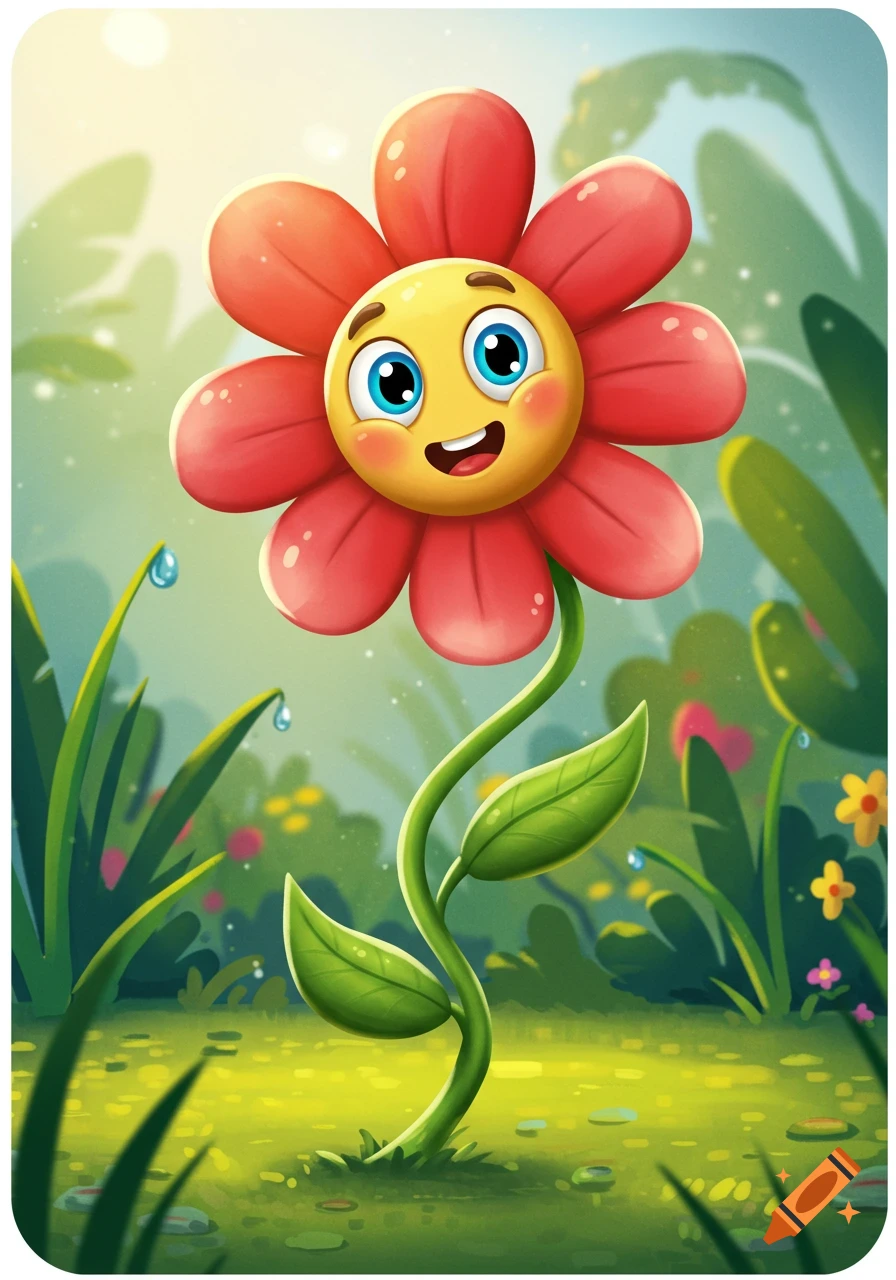 A cheerful red cartoon flower with a yellow smiley face, blue eyes, and a wide smile, stands in a lush green garden with dewdrops.
