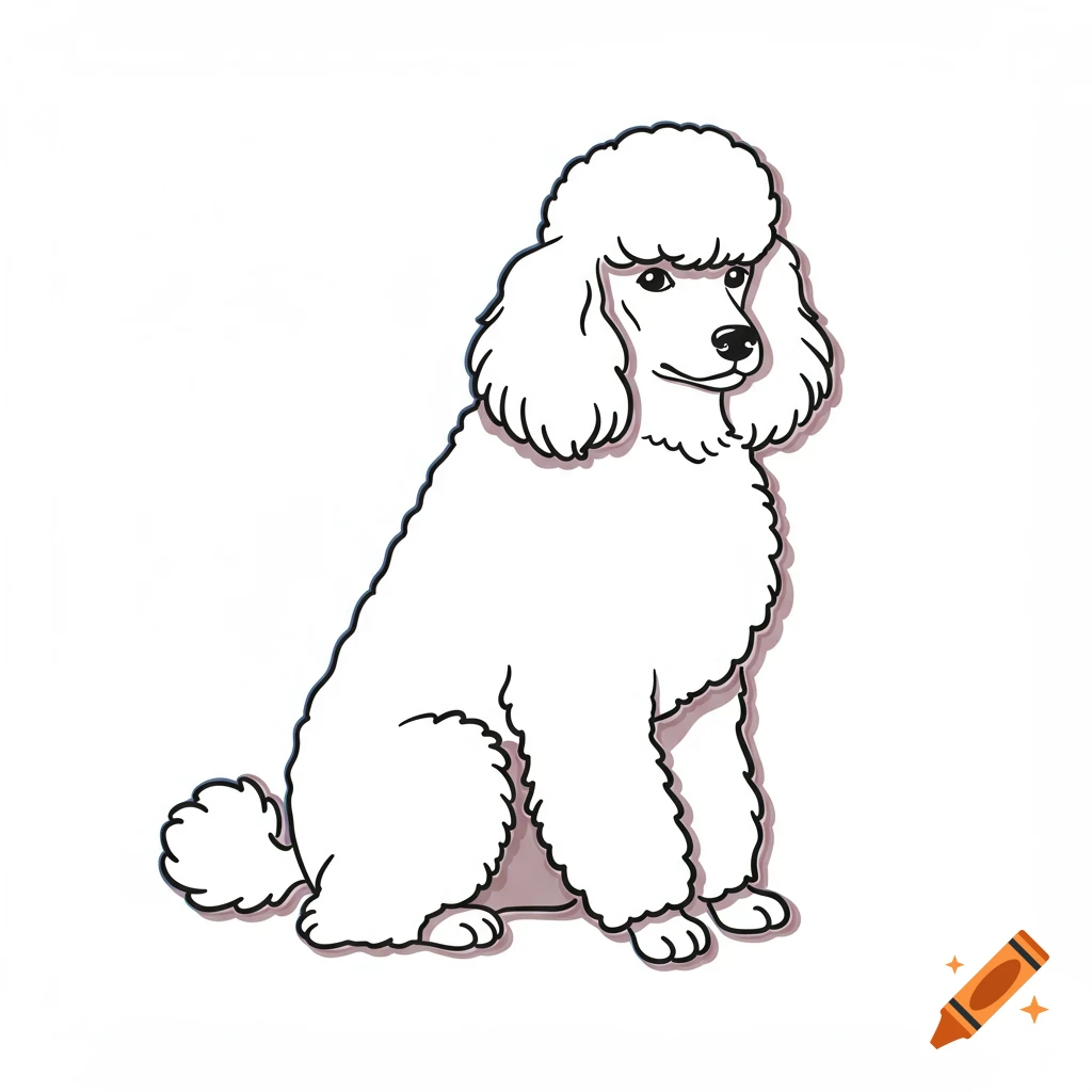 An outline drawing of a white poodle sitting and facing forward, with a slight purple shadow.