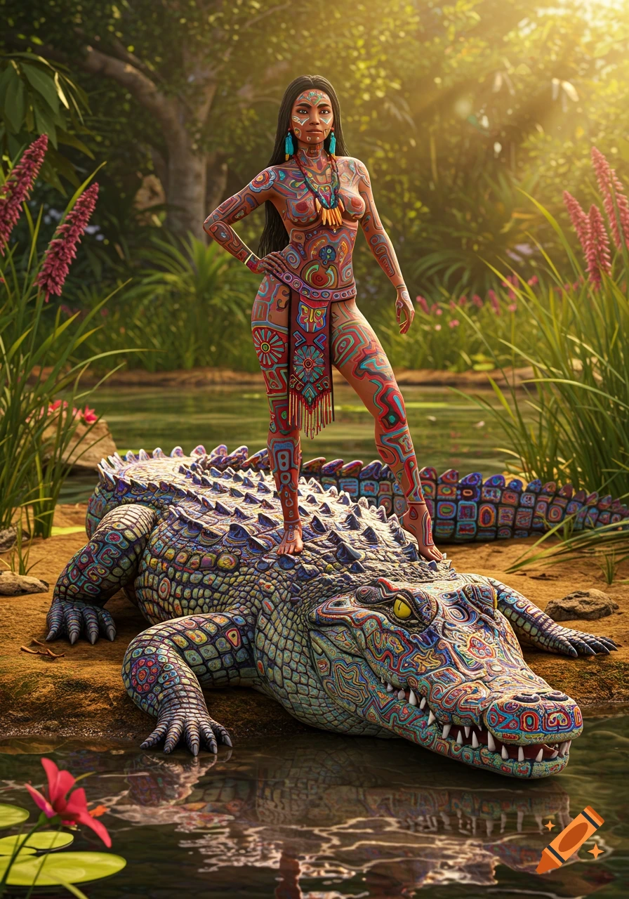A woman with colorful huichol-style body paint stands on an elaborately decorated crocodile in a lush jungle setting.