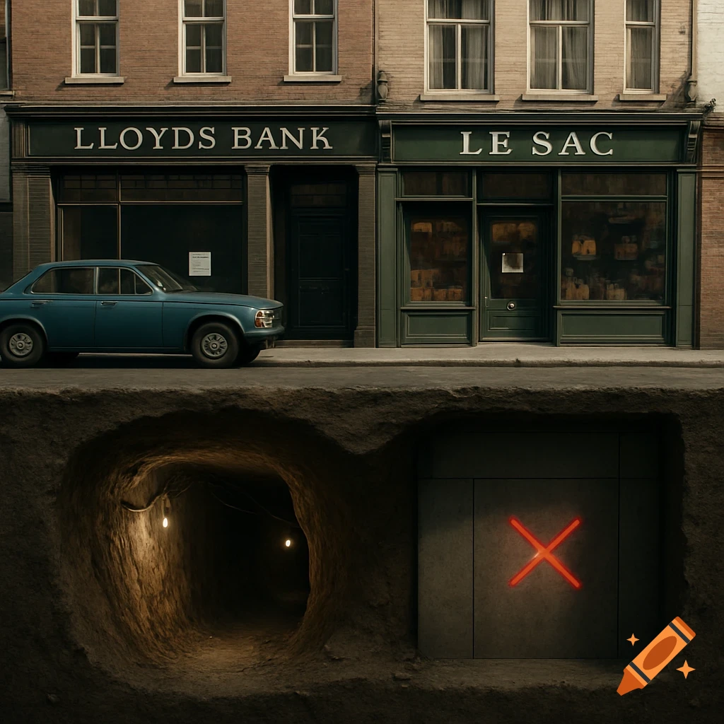 Photorealistic cross-section of a city street with a bank and shop, a car, and an underground tunnel leading to a vault marked with a red X.