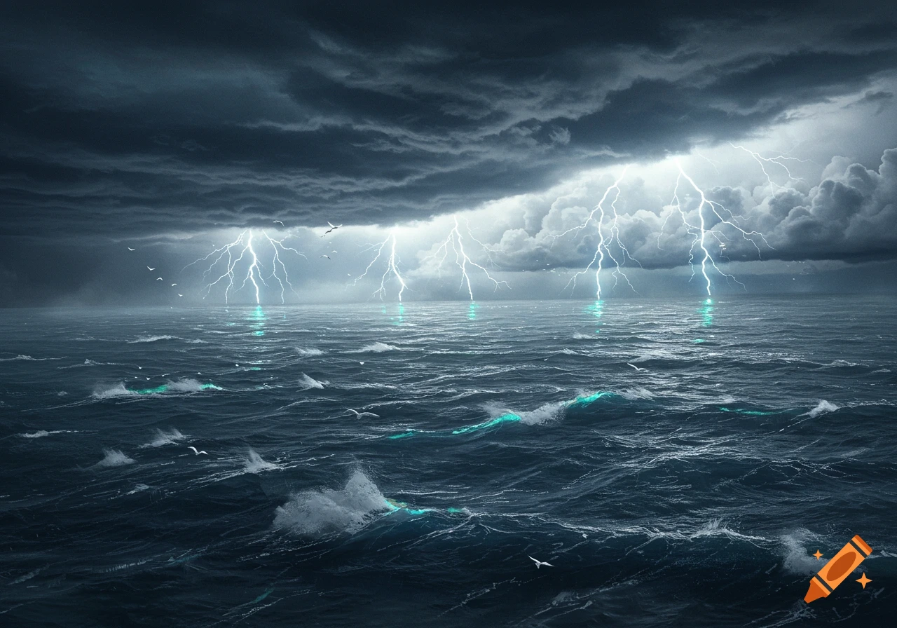 A dramatic stormy ocean scene with multiple lightning bolts striking dark, choppy waters under heavy, gray clouds.