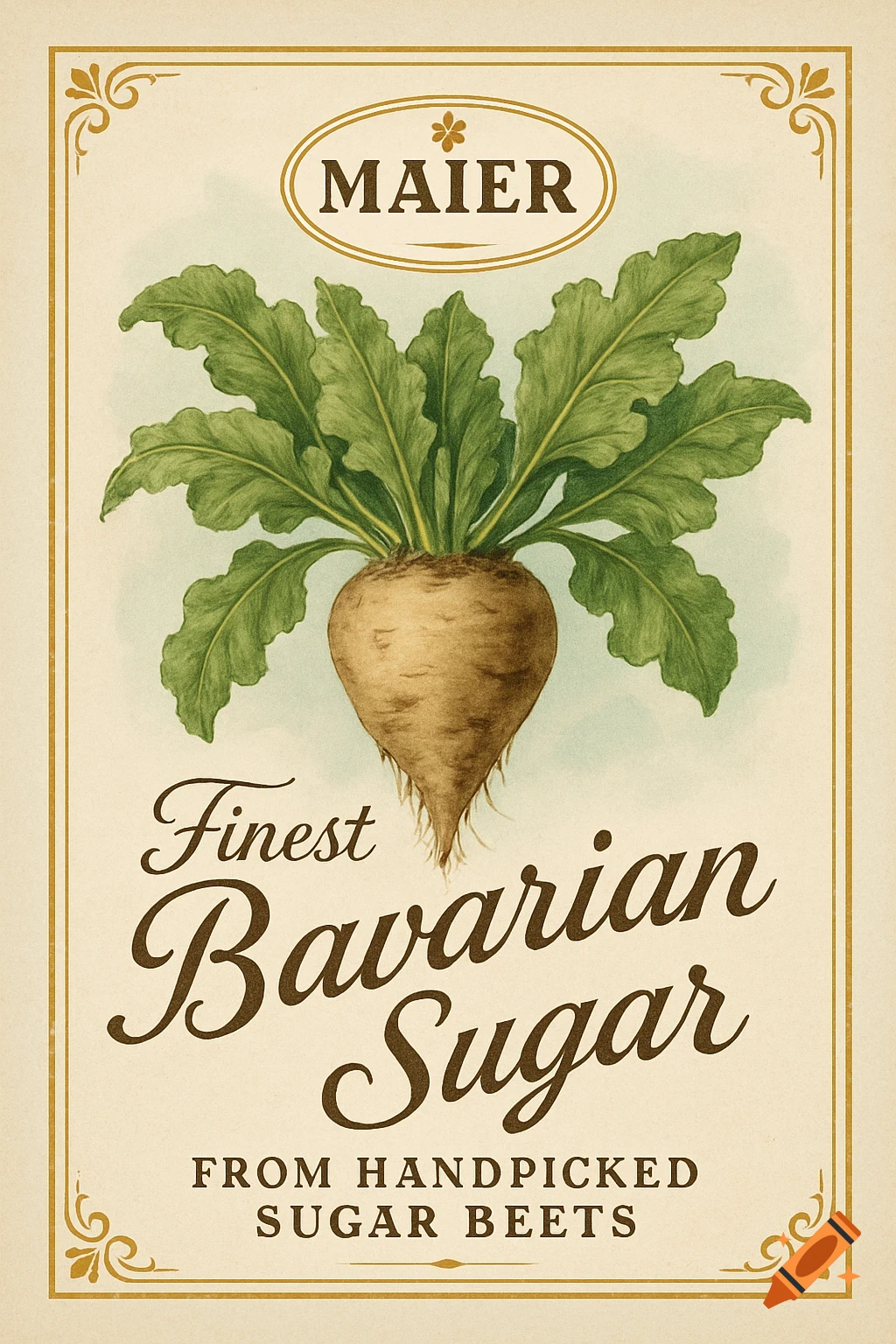 Vintage style label for Maier's Finest Bavarian Sugar, featuring an illustration of a sugar beet with green leaves.
