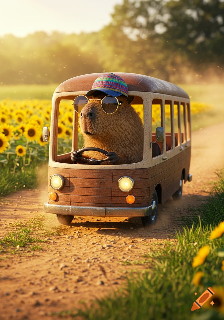 A capybara wearing a hat and sunglasses drives a rustic bus on a dirt road through a sunny sunflower field.