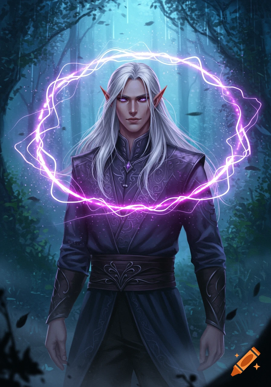 Anime male elf with long white hair, purple eyes, wearing dark clothing, surrounded by a glowing purple aura in a dark forest.