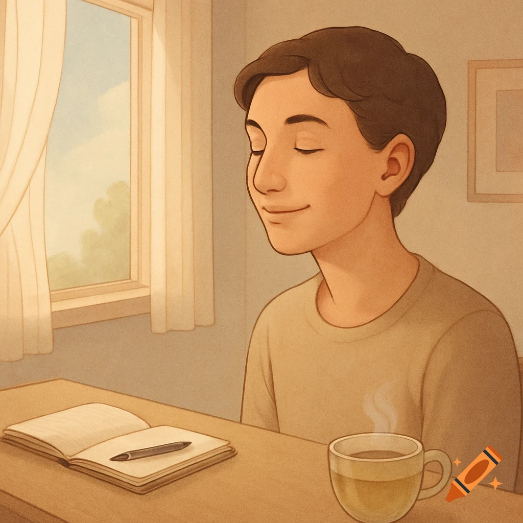 An illustration of a person sitting at a table, eyes closed in peace, with an open notebook and a steaming cup next to them.