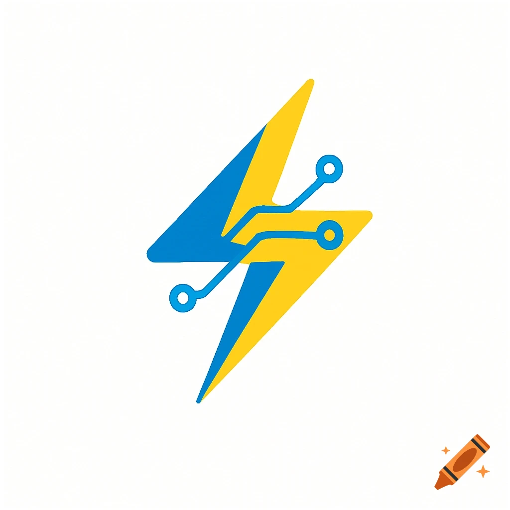 A stylized logo of a yellow and blue lightning bolt overlaid with blue circuit board lines and circles on a white background.