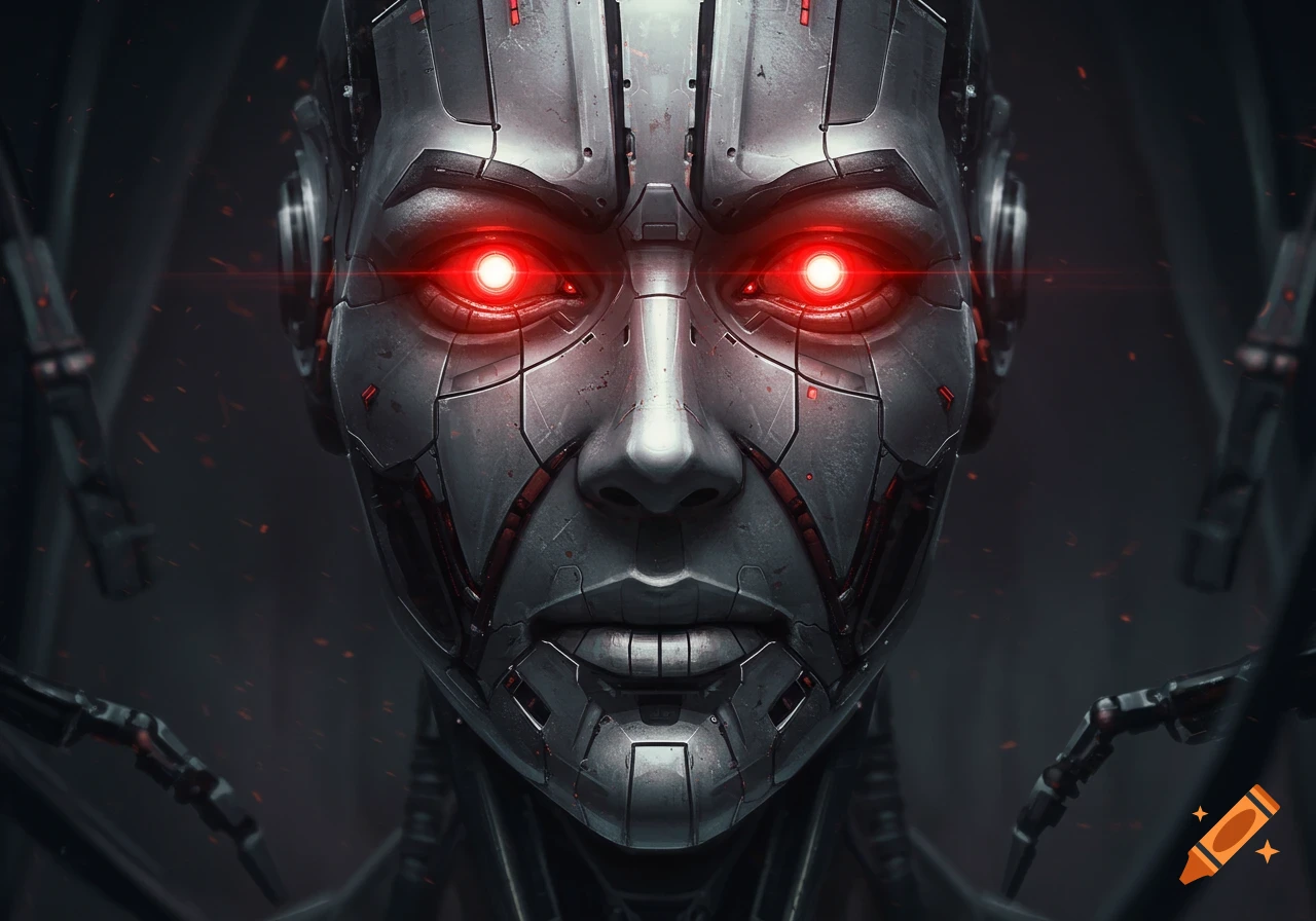 Close-up of a metallic robot face with intense glowing red eyes against a dark, shadowy background in a detailed, digital art style.