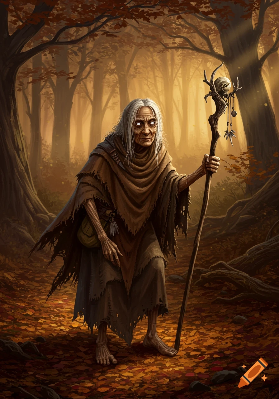 A gaunt old crone with white hair and glowing eyes stands barefoot in an autumn forest, holding a gnarled, skull-topped staff.