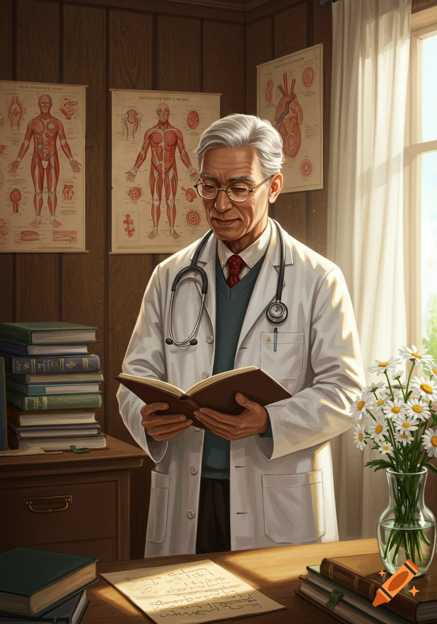 An elderly male doctor with glasses and a white lab coat reads a book in his traditional office, with anatomical charts on the wall and a vase of daisies on the desk.