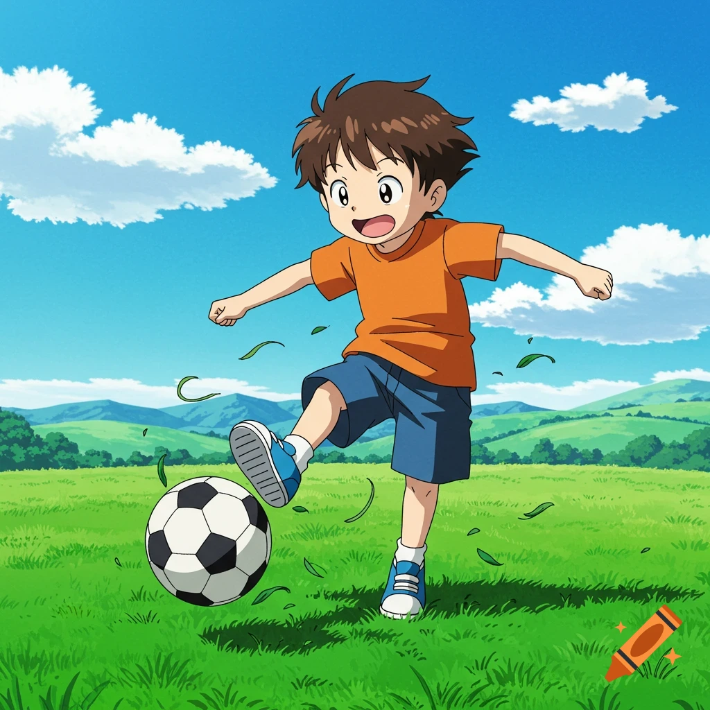 Anime style little boy in an orange t-shirt and blue shorts kicks a soccer ball in a green field under a blue sky.