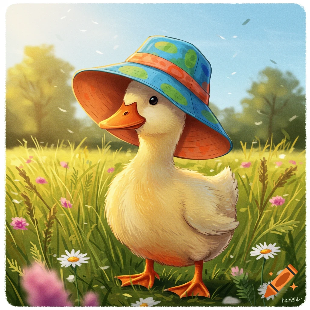 A cute cartoon duck wearing a blue and orange bucket hat stands in a field of grass and flowers.