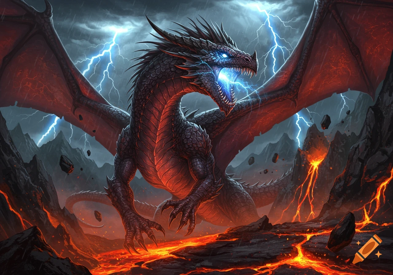 A powerful black dragon with glowing blue eyes breathes energy amidst lightning, lava, and volcanic rocks under a stormy sky.