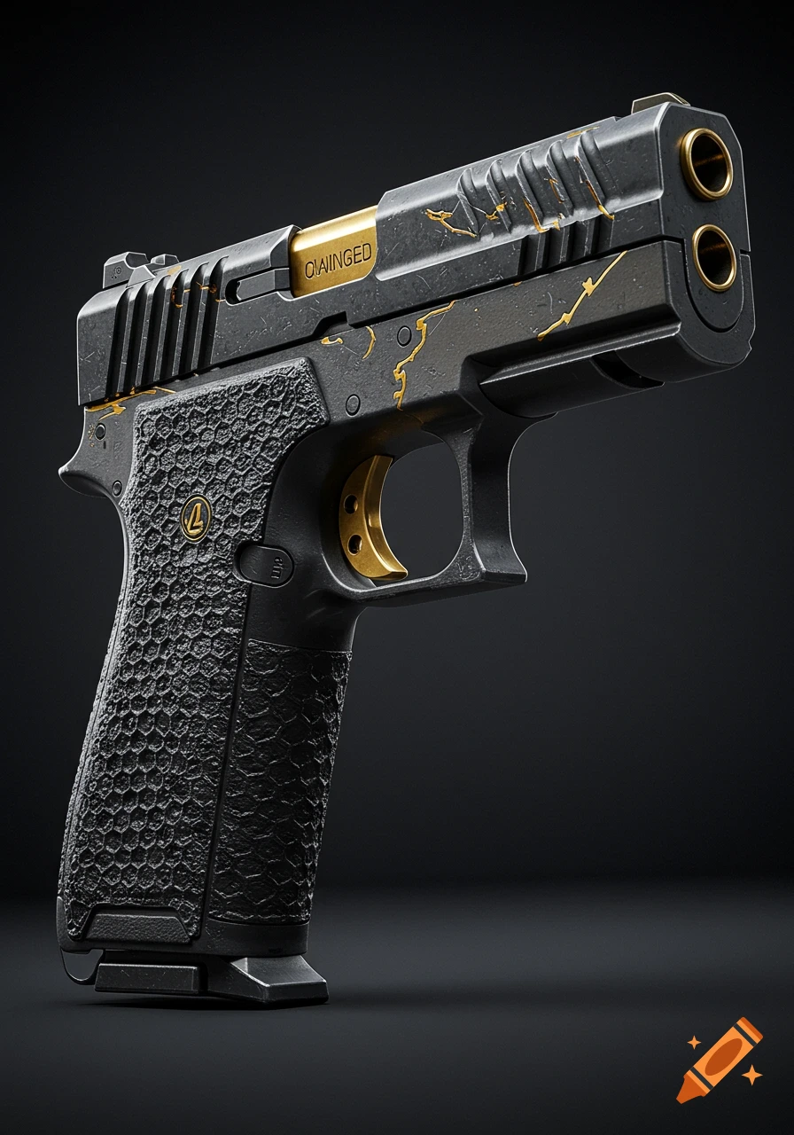 A close-up of a black handgun with a honeycomb grip, gold trigger, and gold lightning-crack design on the slide.