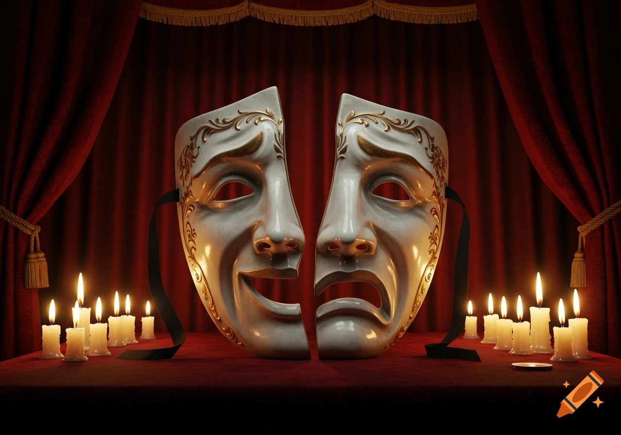 A pair of white and gold theatre masks, one smiling and one frowning, sit on a red stage with lit candles and velvet curtains.
