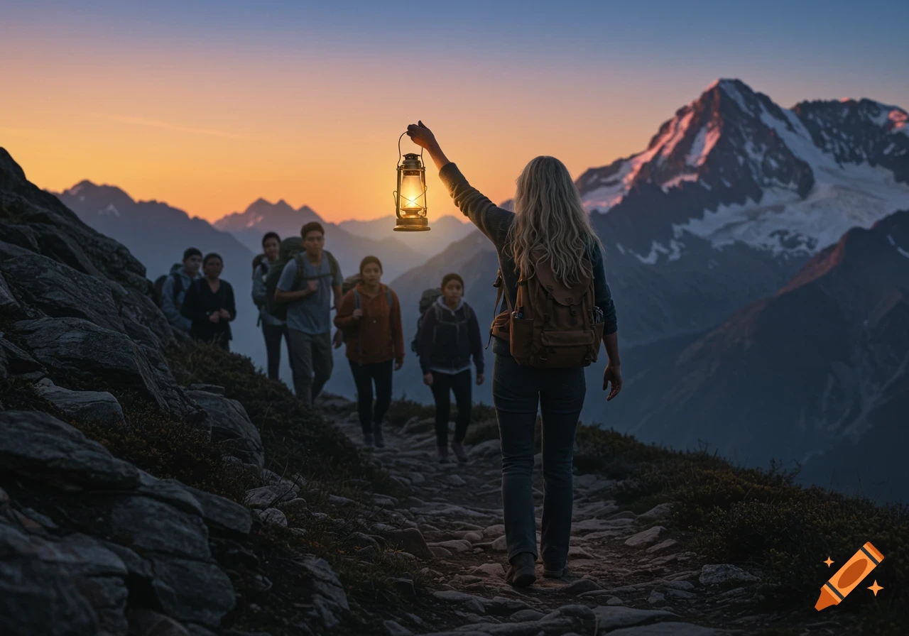 A woman with a backpack leads a group of hikers on a rocky mountain trail at sunset, holding up a glowing lantern.