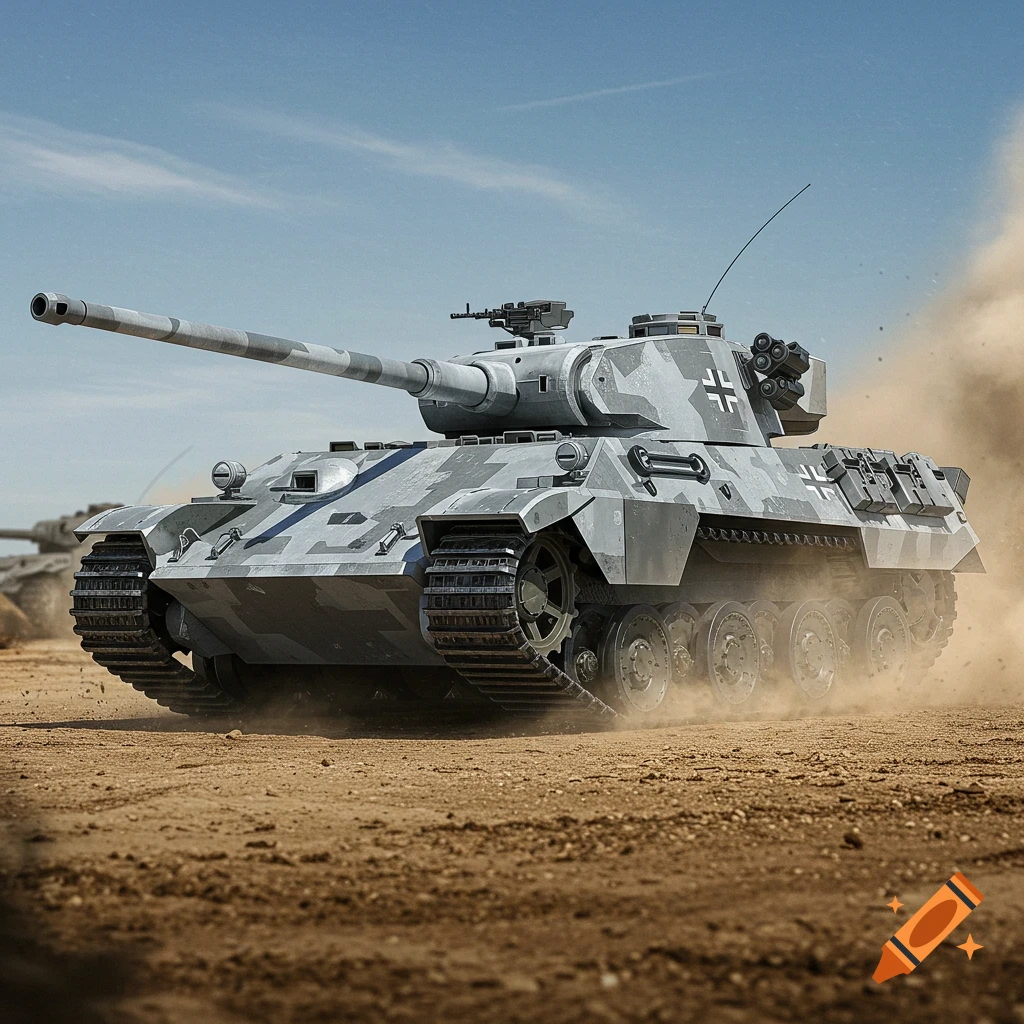 An advanced grey camouflage German tank drives through a dusty desert, kicking up sand under a blue sky.