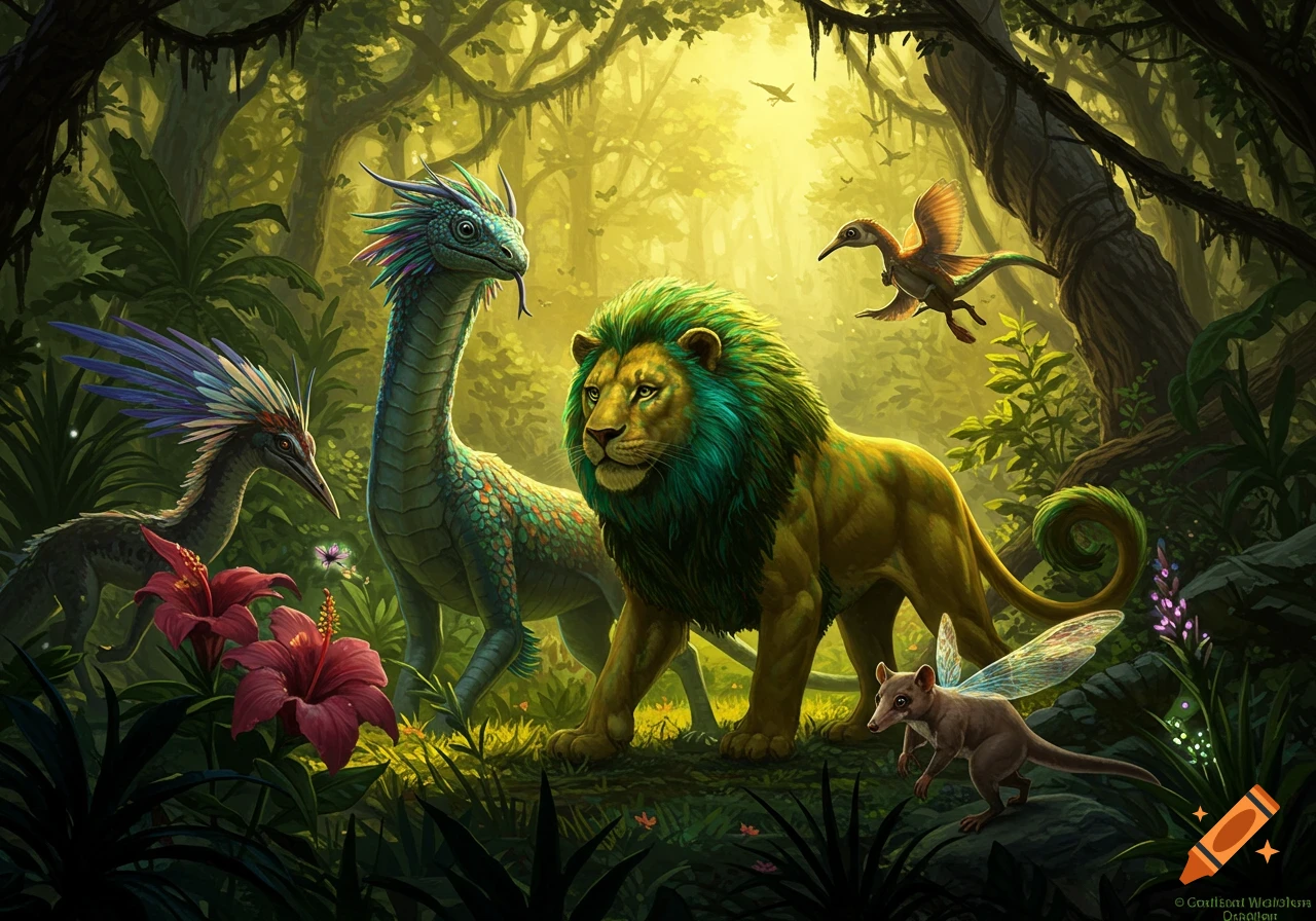 A green-maned lion, a long-necked reptilian creature, a bird-like creature, and a winged rodent-like creature in a lush, vibrant jungle.