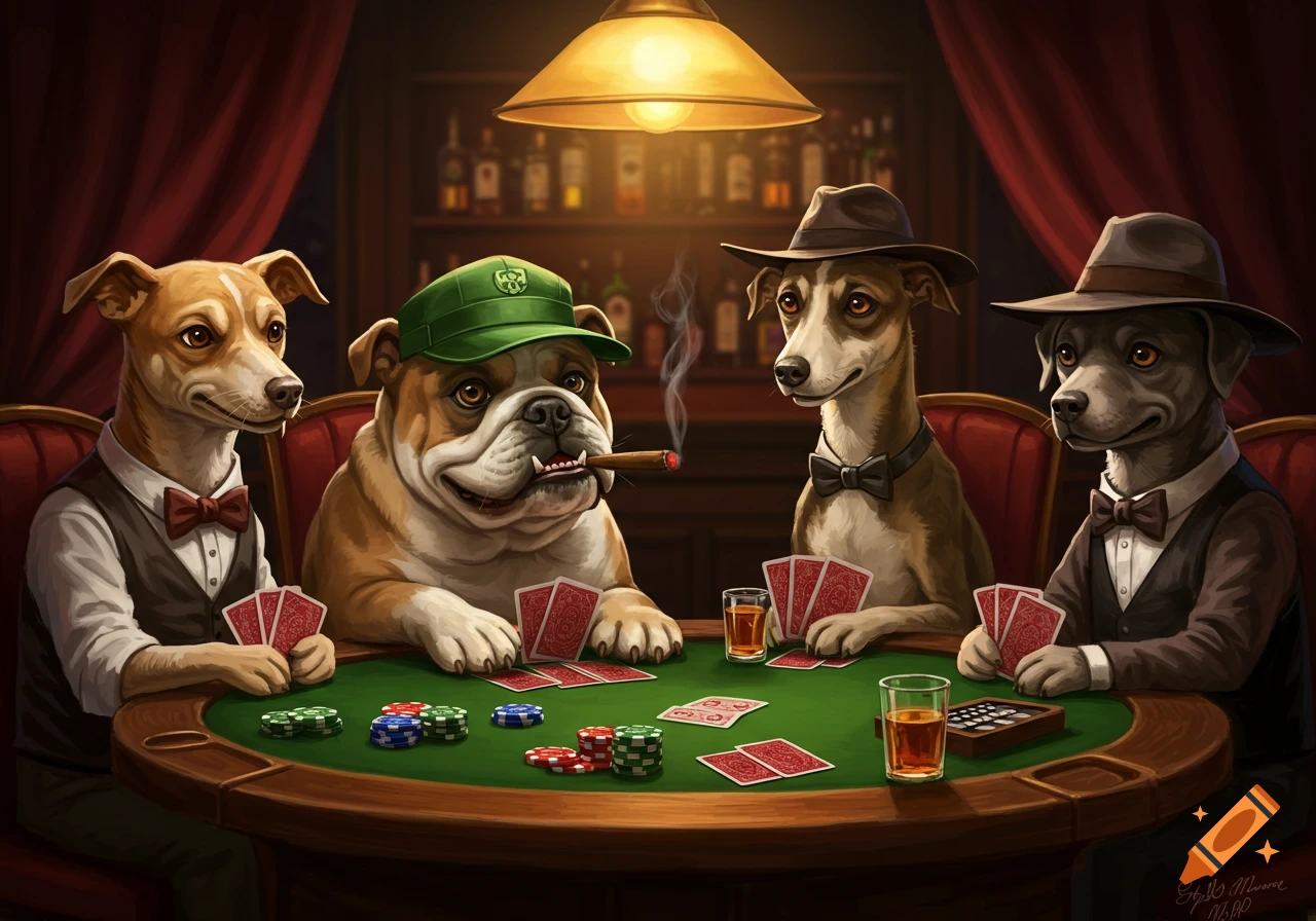Four anthropomorphic dogs in vests and hats play poker around a green table, one smoking a cigar, in a dimly lit room.