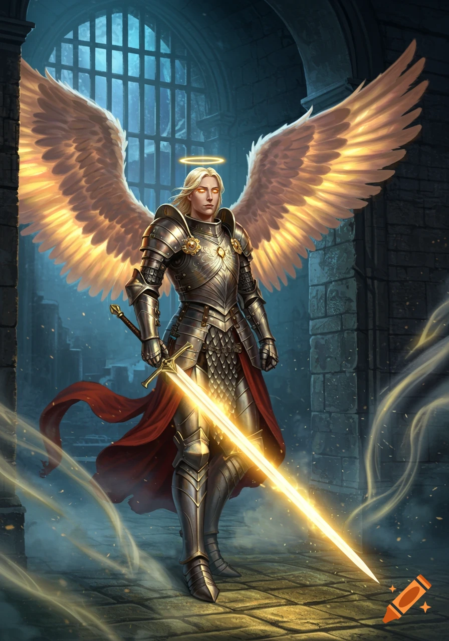 A blonde angel in shining silver armor with golden wings and a glowing sword stands in a dark stone archway.