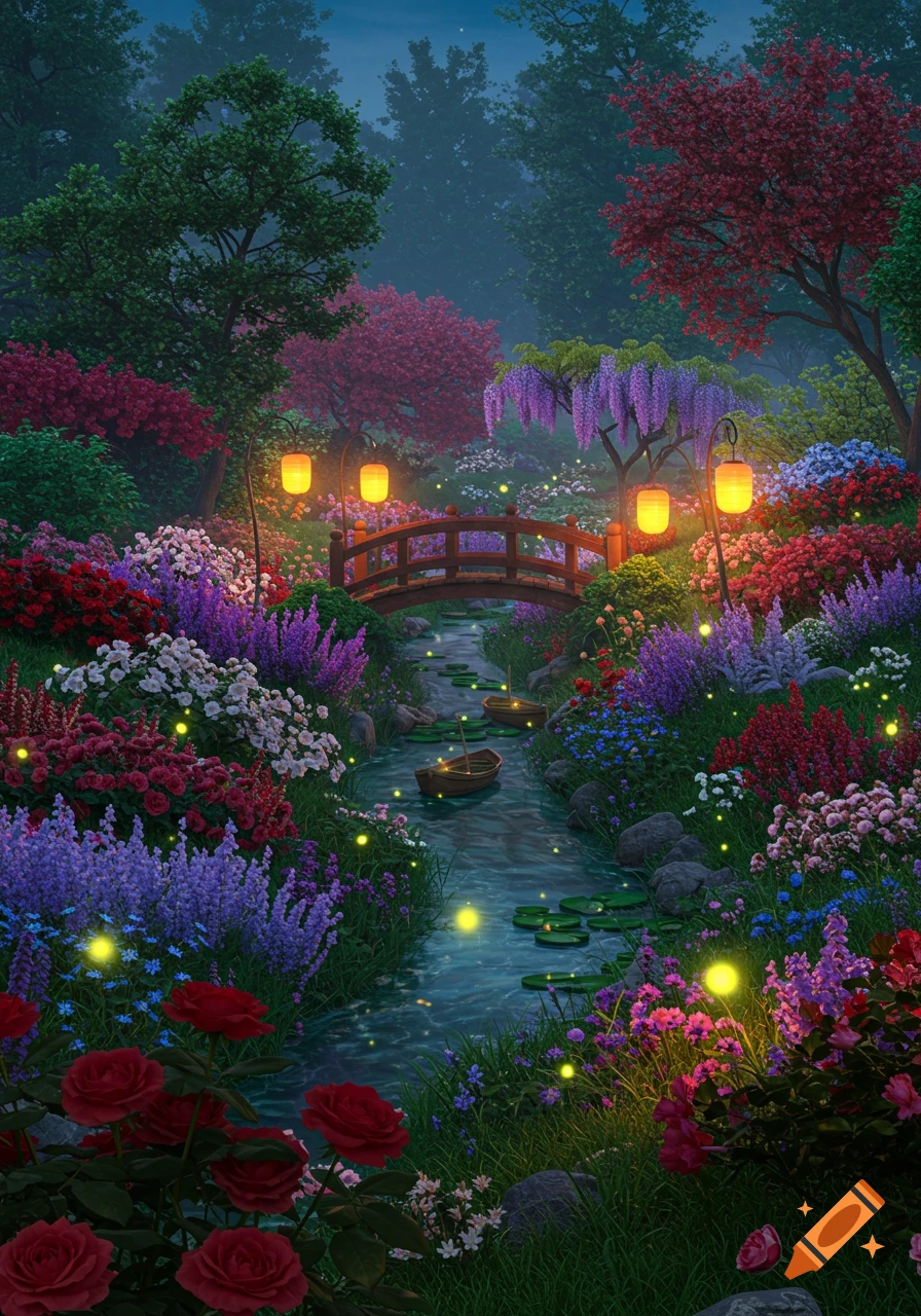A vibrant fantasy garden at dusk with a wooden bridge over a stream, glowing lanterns, colorful flowers, and luminous fireflies.