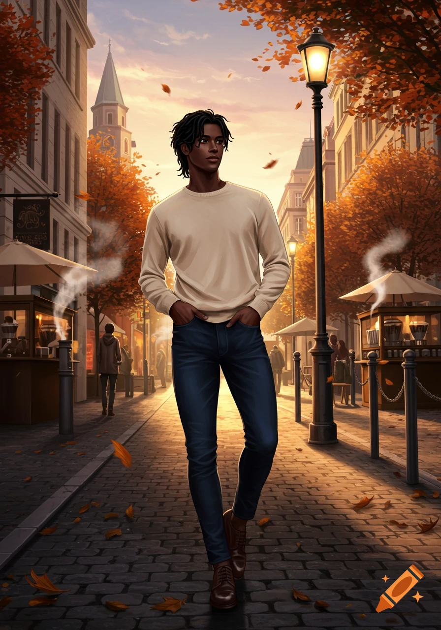 A stylish man in a cream jumper and dark jeans walks on a cobblestone street lined with autumn trees and buildings at sunset.