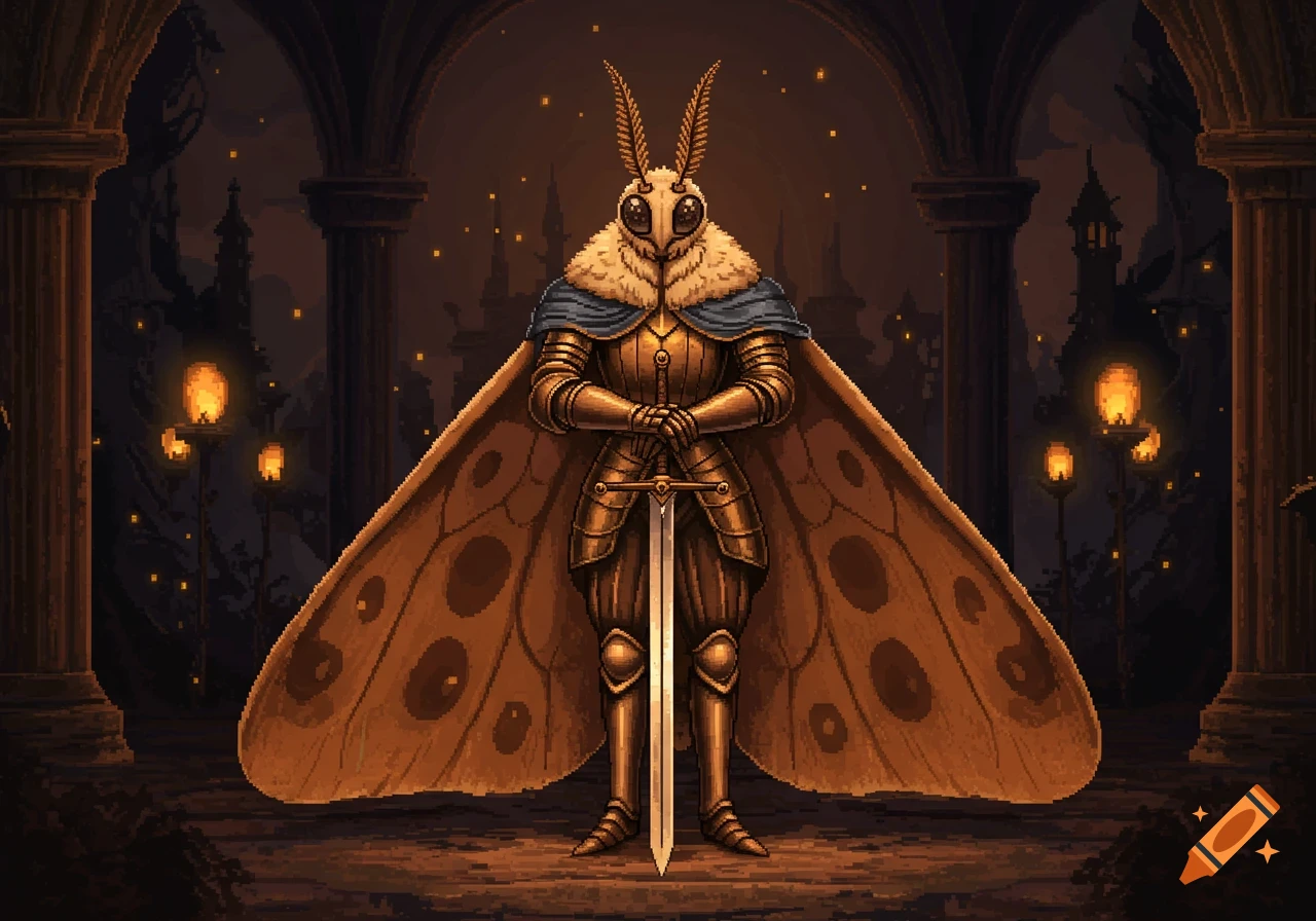 A majestic moth knight in golden armor with large wings and antennae stands holding a two-handed sword in a dark, pixel art fantasy setting.