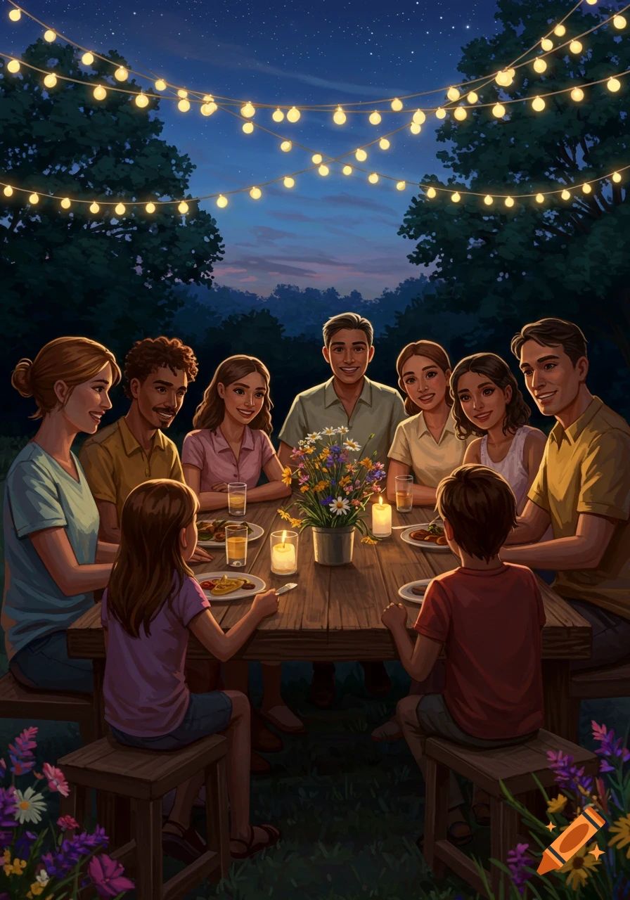 An illustration of a diverse family enjoying an outdoor dinner at night, under twinkling string lights.