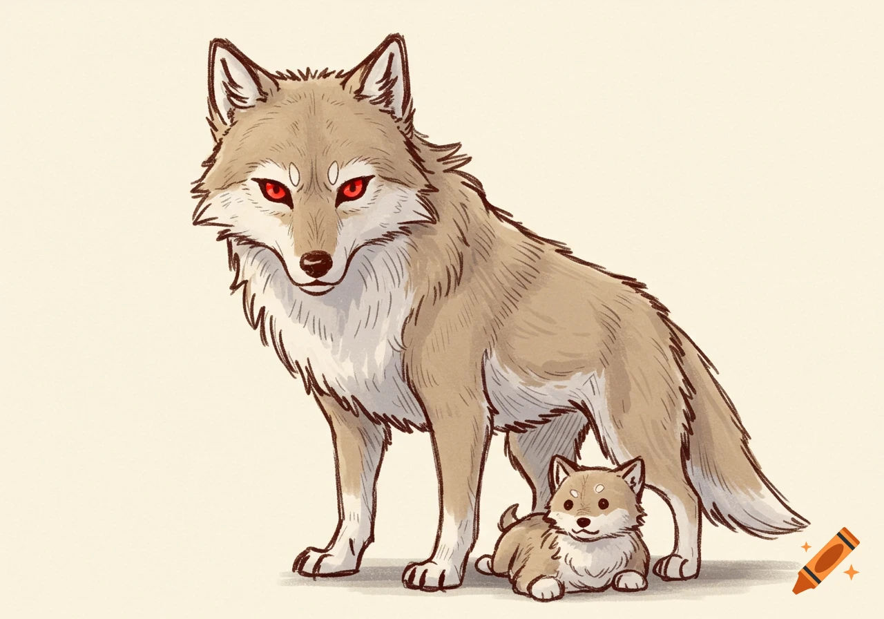 A doodle illustration of a brown wolf with red eyes standing next to a small, fluffy brown wolf pup lying on the ground.