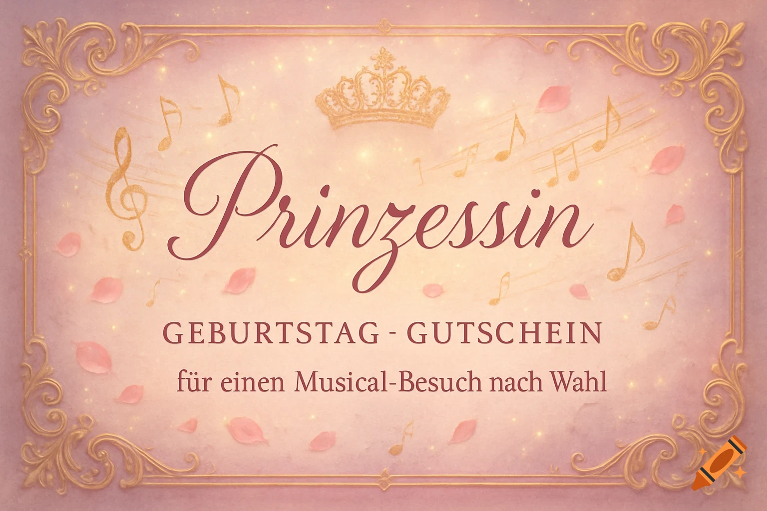 Pink birthday voucher with golden ornate frame, crown, musical notes, and rose petals. Text reads "Prinzessin GEBURTSTAG - GUTSCHEIN f r einen Musical-Besuch nach Wahl".