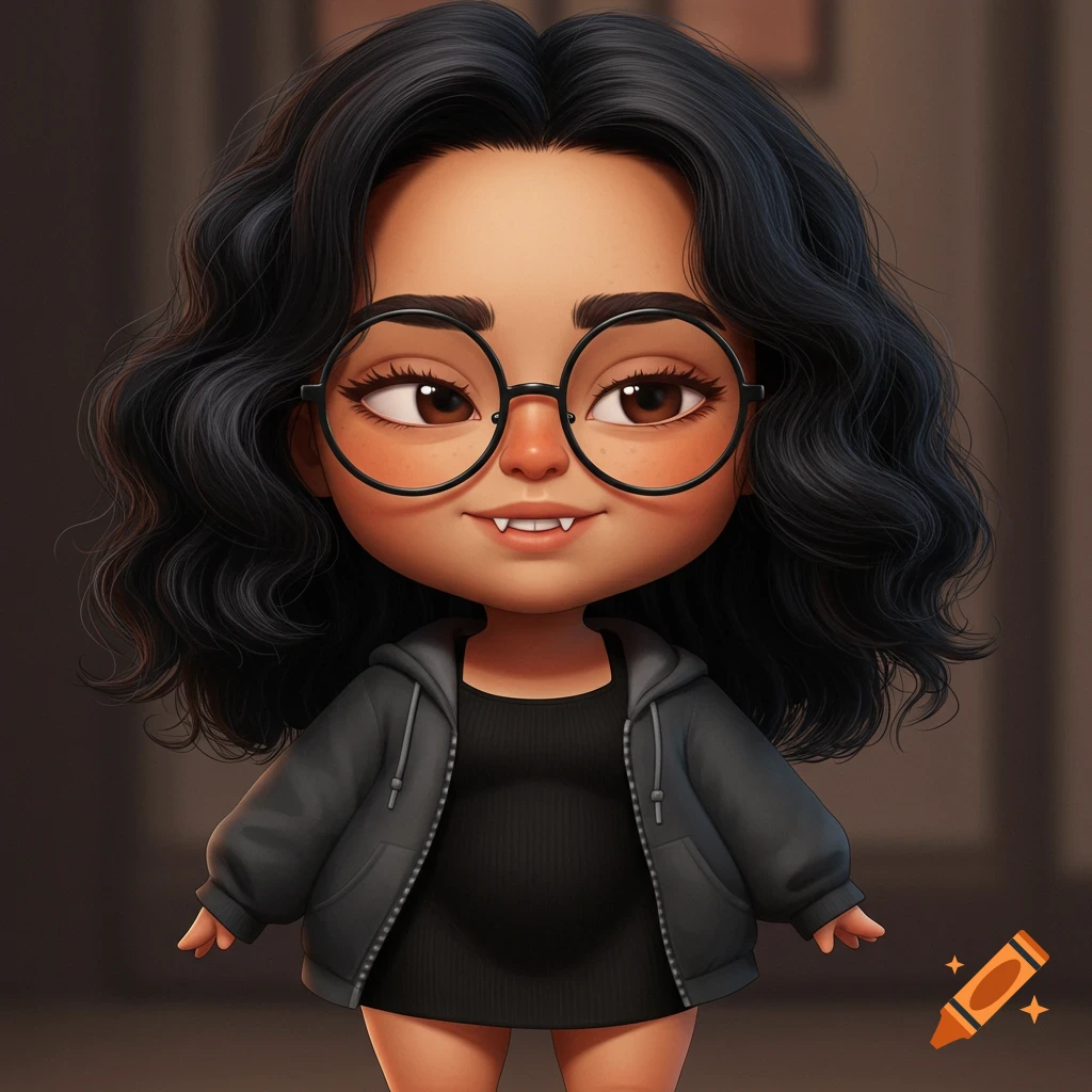 Cartoony young woman with dark wavy hair, round glasses, and buckteeth, wearing a black dress and grey hoodie.