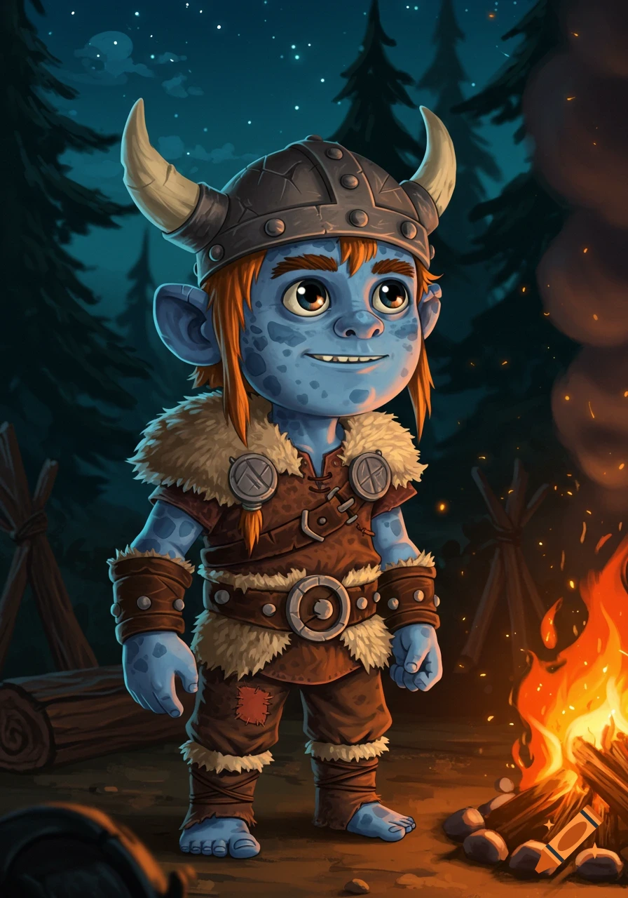 A cartoon blue viking troll boy with orange hair and a horned helmet stands by a campfire in a forest at night.