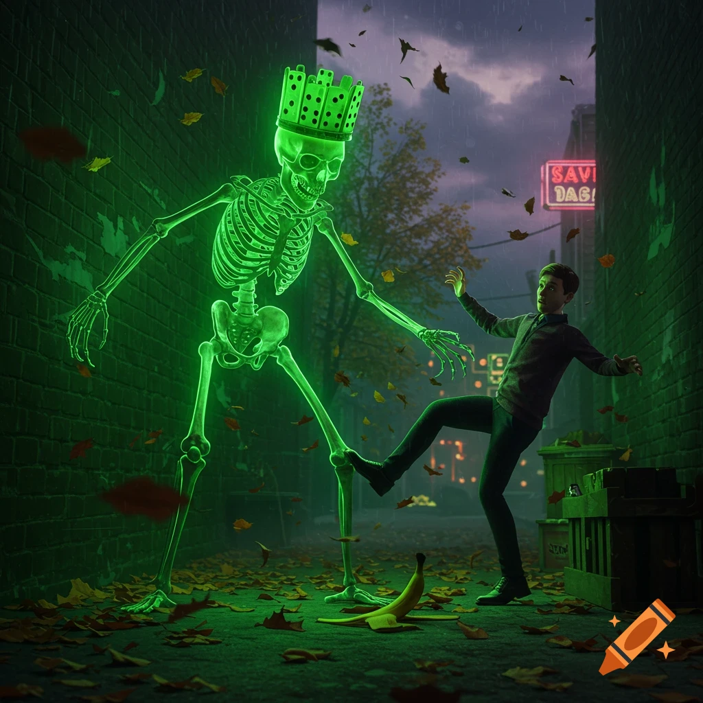 A glowing green skeleton with a domino crown watches a boy slip on a banana peel in a dark, leaf-strewn alley.