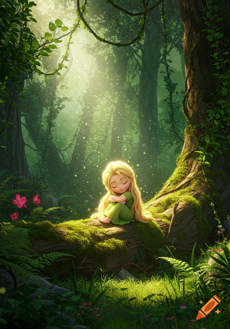 A blonde animated character in a green dress sits on a mossy log in a sun-dappled, magical forest, Disney Pixar style.