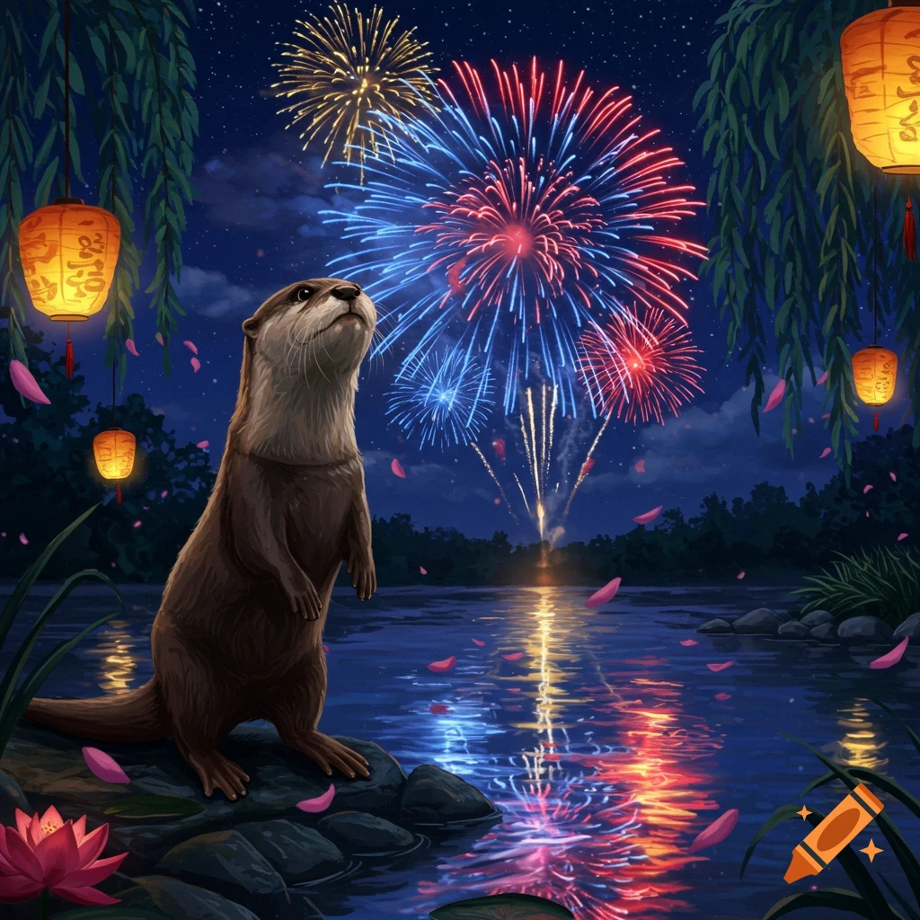 An otter stands by a lake at night, looking up at colorful fireworks exploding in the sky, with lanterns and falling petals around.