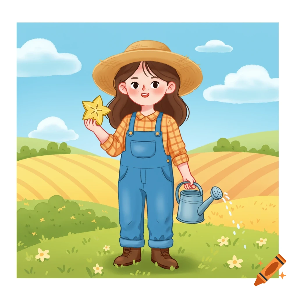 Cute cartoon female farmer in a straw hat and overalls, holding a starfruit and watering can in a bright farm field.