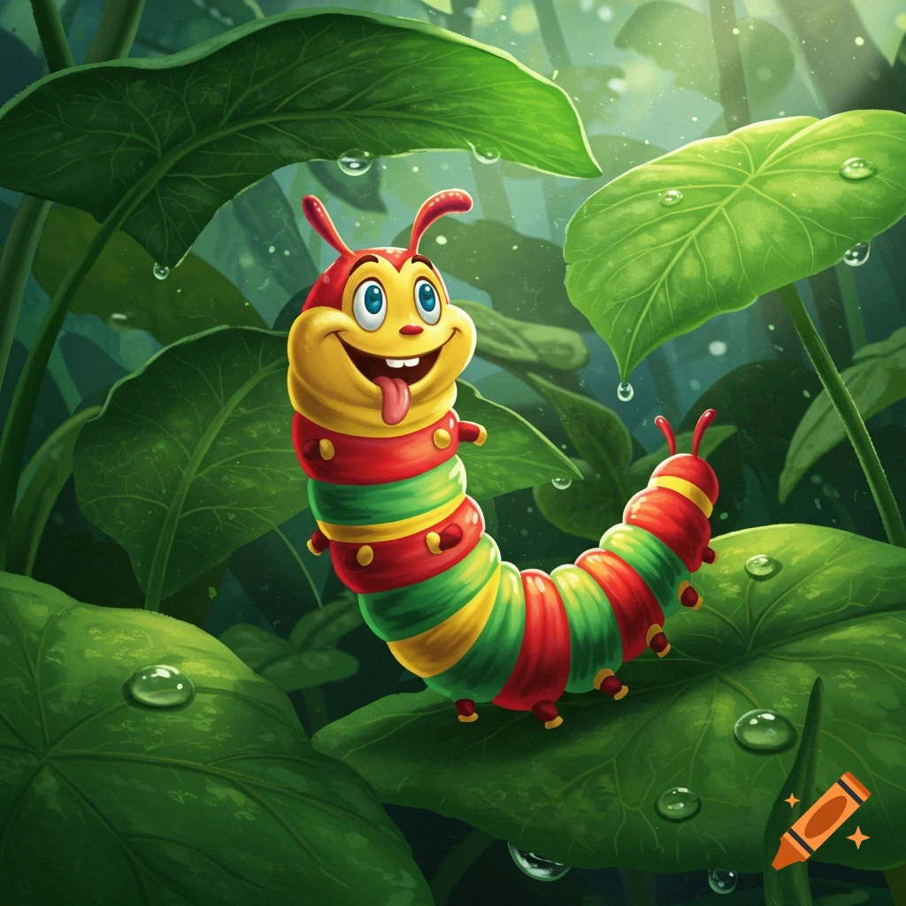 Cheerful cartoon caterpillar with a red, yellow, and green segmented body grins with its tongue out on dewy green leaves in a forest.